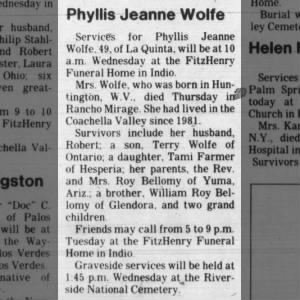 Obituary for Phyllis Jeanne Wolfe