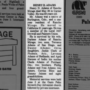 Obituary for HENRY D. ADAMS